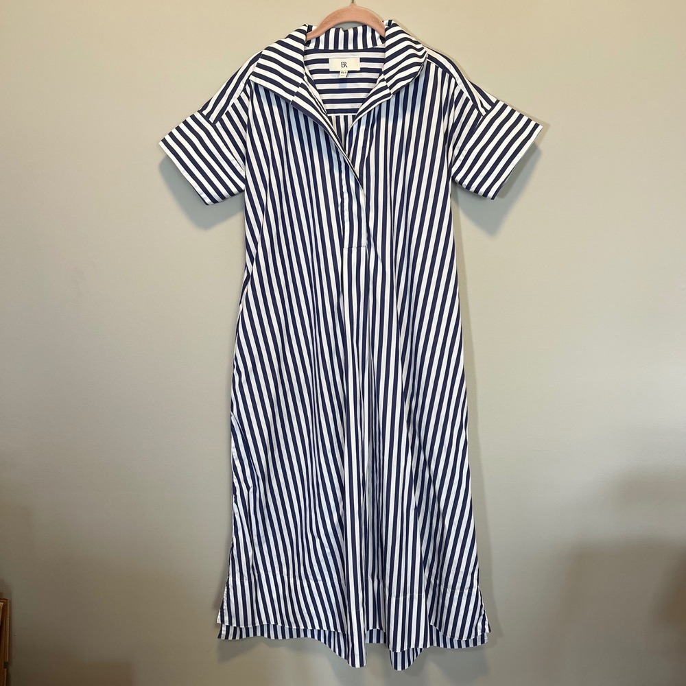 Banana Republic Navy White Striped Cotton Poplin Midi Shirt Dress XS/S